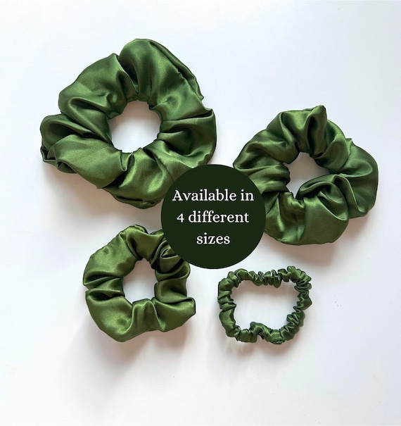 Olive Green Satin Silk Hair Scrunchie: Skinny, Small, Medium, Oversized
