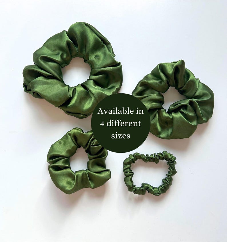 May include: Four green satin scrunchies of different sizes. Available in 4 different sizes.