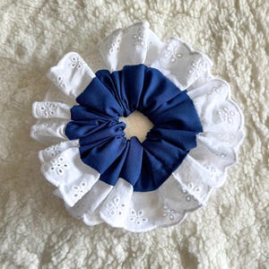 Blue Cotton With White Broderie Frilly Trim Oversized Ruffled Lace Hair Scrunchie, Perfect Bun Holder for a Statement Look, Handmade in UK