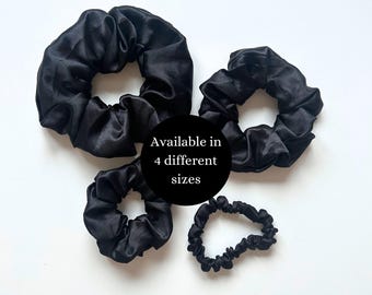 Black Satin Silk Hair Scrunchie- Available in Skinny, Small, Medium & Large