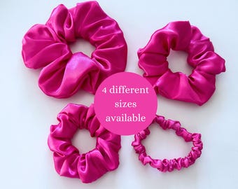 Hot Pink Satin Silk Hair Scrunchie: Skinny, Small, Medium, Oversized