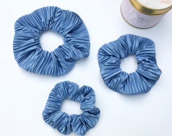 Blue Plisse Scrunchie, Pleated Scrunchie, Silk Hair Scrunchie, Blue Hair Scrunchie, Satin Scrunchie, Oversized Scrunchie, XL Scrunchie