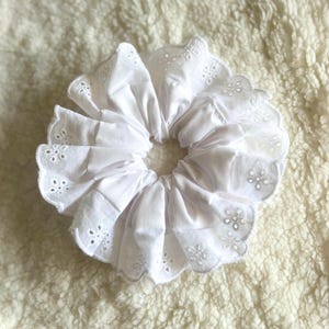 White Cotton With White Broderie Frilly Trim Oversized Ruffled Lace Hair Scrunchie, Perfect Bun Holder for a Statement Look, Handmade in UK
