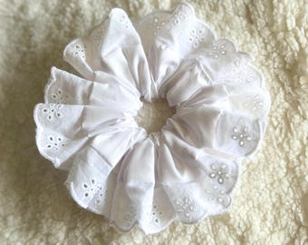 White Cotton With White Broderie Frilly Trim Oversized Ruffled Lace Hair Scrunchie, Perfect Bun Holder for a Statement Look, Handmade in UK