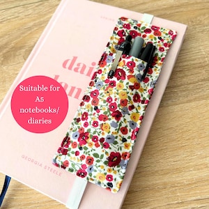 Red Ditsy Floral A5 Notebook Pen Holder, Planner accessories, Elasticated Bookmark, Journal Pen Holder, Teacher Gift Ideas - Holds 3-4 Pens