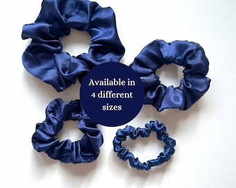 Navy Blue Satin Silk Hair Scrunchie: Skinny, Small, Medium, Oversized