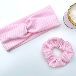 Pink Ribbed Headband, Knotted Headband, Turban Headband, Jersey Head Wrap, Pink Ear Warmers, Pink Hair Scrunchie, Stretchy Headband