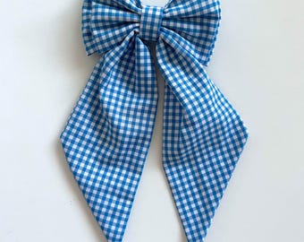 Turquoise Blue Gingham Large School Hair Bow With Barrette Clip - Back to School