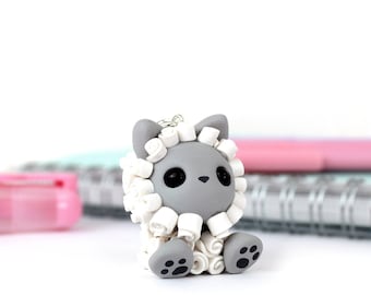 Wolf charm- cute wolf in sheepskin pendant for necklace or car mirror - Fimo charm- kawaii wolf - polymer clay pendant
