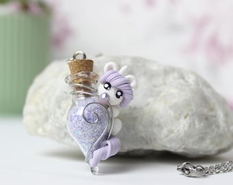 Necklace unicorn vial with luckydust  glas bottle charm with unicorn figure jewelry flask charm glows in the dark