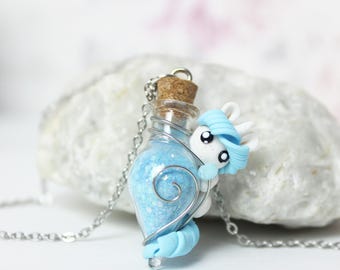 Necklace unicorn vial with luckydust  glas bottle charm with unicorn figure jewelry flask charm, glow in the dark