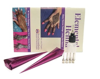 Fun & Easy Natural Henna Body Art Temporary Tattoo Paste Ink Kit 2 Pre Mixed Cones 5 Metal Fine Tip Squeeze Applicator Bottle Design Book