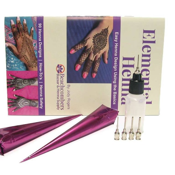 Fun & Easy Natural Henna Body Art Temporary Tattoo Paste Ink Kit 2 Pre Mixed Cones 5 Metal Fine Tip Squeeze Applicator Bottle Design Book