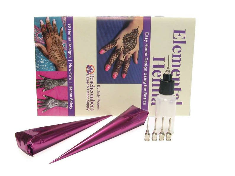 Fun & Easy Natural Henna Body Art Temporary Tattoo Paste Ink Kit 2 Pre Mixed Cones 5 Metal Fine Tip Squeeze Applicator Bottle Design Book