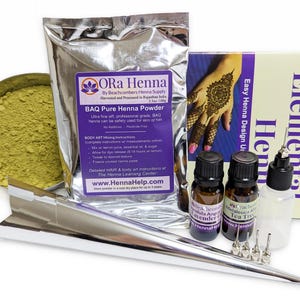 Natural Red Brown Rajasthani Henna Body Art Temporary Tattoo Kit 100g Powder, Tea Tree Lavender Oils, Fine Tip Applicator Bottle Design Book
