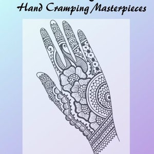 Pode incluir: Ilustração de design de henna com o texto "Henna Design Hand Cramping Masterpieces". A imagem apresenta um design detalhado de mão de henna com padrões florais e geométricos em tinta preta sobre fundo branco.