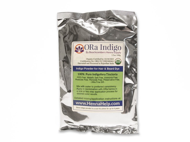 A silver mylar bag of indigo with label.