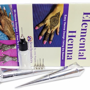 Fun & Easy Natural Henna Body Art Temporary Tattoo Paste Ink Kit 2 Pre Mixed Cones 5 Metal Fine Tip Squeeze Applicator Bottle Design Book