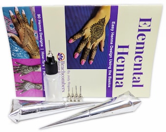 Fun & Easy Natural Henna Body Art Temporary Tattoo Paste Ink Kit 2 Pre Mixed Cones 5 Metal Fine Tip Squeeze Applicator Bottle Design Book