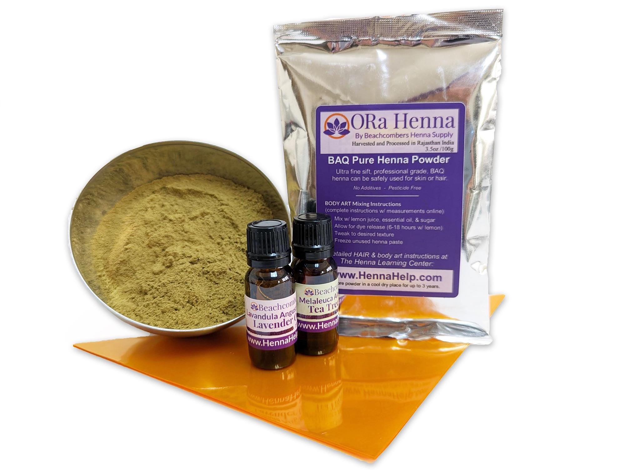 Henna Tattoo Powder REFILL Kit 100g, Essential Oils, & Cello Triangles for Cones 100-200 Tattoos
