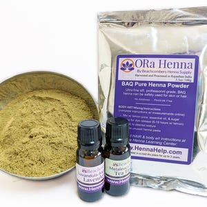 100g Henna Powder Body Art ORa Rajasthani or Jamila & 2 Bottles Essential Tea Tree | Lavender Oils For Temporary Henna Tattoo or Hair Color