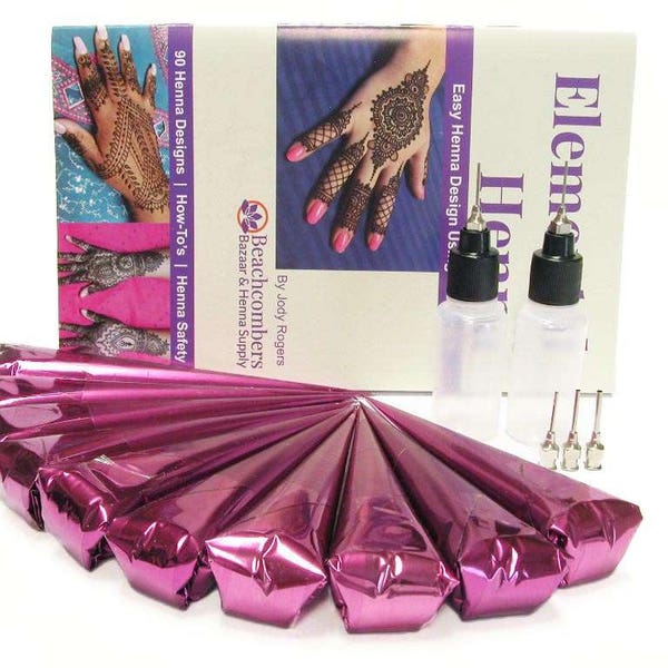 10 Henna Tattoo Cones Party Pack Kit Bridal Wedding Mendhi, Ready To Use Paste Cones, Book, & Applicator Bottles FREE USA SHIPPING