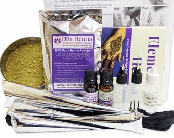 Big Bad Beginners Henna Temporary Tattoo Body Art Kit POWDER, PASTE, INK Applicator Bottles, Transfer Paper, Design Book