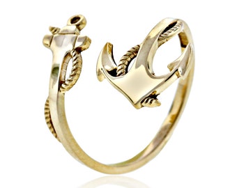 Gold Anchor Ring - 10 karat Solid Gold - Wrap Around Anchor Ring - Gold Ring