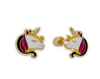 Gold Colorful Unicorn Stud Earrings - 14 Karat Solid Gold - Cute Unicorn Studs