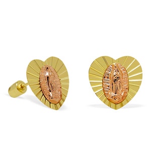 Gold Lady of Guadalupe Heart Stud Earrings - 14 Karat Solid Gold - Virgin of Guadalupe - Guadalupe Earrings - Gold Earring
