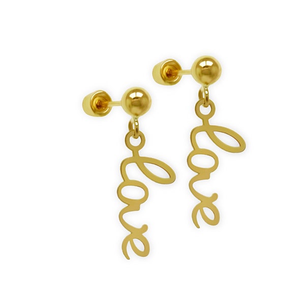Gold Love Ball Post Earrings - 14 Karat Solid Gold - Gold Earring Studs- Dangle Earring - Gold Earring - Cursive Earring