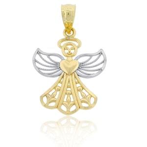 Gold Two-tone Angel Charm - 10 Karat Solid Gold - Optional Gold Rope Chain - Angel Necklace - Christmas Angel