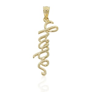 Gold Vertikaler "Hope" Charm - Hope Halskette - 10 Karat Solid Gold mit optionaler Goldkette - Cursive Anhänger
