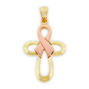 Gold Pink Ribbon Kreuz Charm - Ribbon Anhänger - 10 Karat Solid Gold - Optional Gold Kette - Awareness Ribbon Halskette