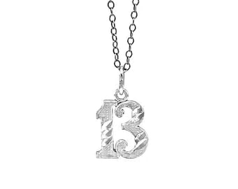 Silver Number 13 Pendant Necklace- 925 Sterling Silver- Silver Adjustable Necklace 16&quot;-18&quot; - 13 Necklace  - Sports Number Pendant