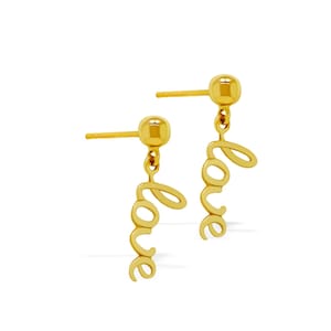 Gold Cursive Love Earring - 14 Karat Solid Gold - Dangle Earring - Love Earring - Gold Earrings