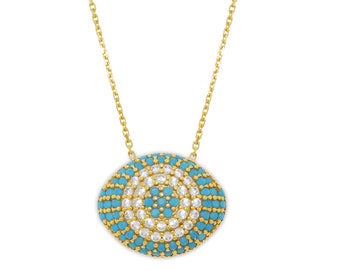 Colgante ajustable de mal de ojo inflado de oro con turquesa y circonita cúbica - oro macizo de 14 quilates - collar de mal de ojo