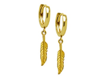 Gouden veer oorbel - Gouden oorbel - 10 karaats massief goud - Gouden veer - Dangle Earring - Feather Stud Earring - Gouden oorbel