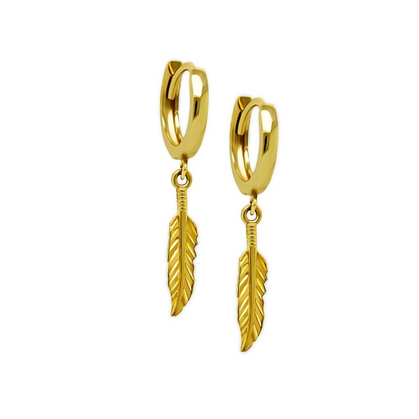 Gold Feather Earring - Gold Earring - 10 Karat Solid Gold - Gold Feather - Dangle Earring - Feather Stud Earring - Gold Earring