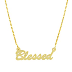 Gold &quot;Blessed&quot; Pendant with Adjustable Necklace - 14 Karat Solid Gold - Cursive Necklace - Layering Necklace
