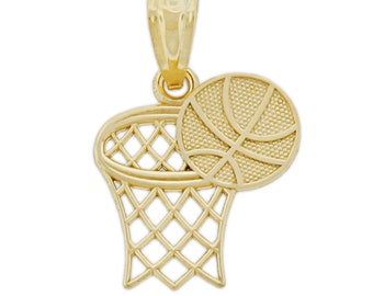 Gold Children&#39;s Basketball and Hoop Charm - 10 Karat Solid Gold (Optional Chain) - Basketball Necklace - Sport Teams