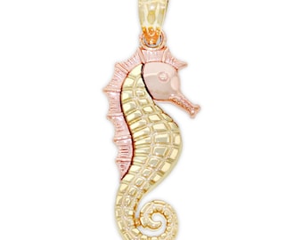 Gold Two Tone Seahorse Charm - 14 Karat Solid Gold - Seahorse Pendant Necklace - Animal Necklace