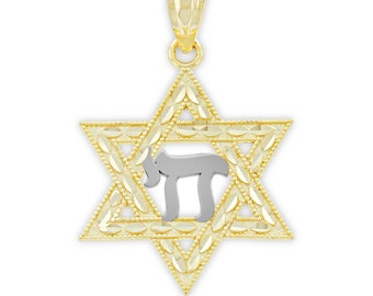 Gold Gold Star of David Chai Pendant - 14 Karat Solid Gold - Star of David - Jewish Necklace - Optional Gold Chain - Diamond Cut