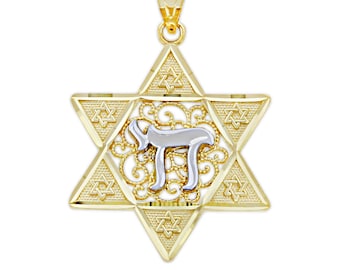 Gold Diamond-Cut Star of David Chai Charm - 14 Karat Solid Gold - Gold Chai - Star of David - Jewish Jewelry