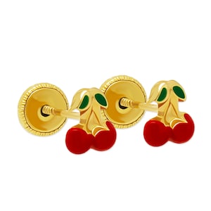 Gold Mini Cherry Earring Stud with Red and Green Enamel- 14 Karat Solid Gold - Cute Cherry Earrings - Great For Gifts