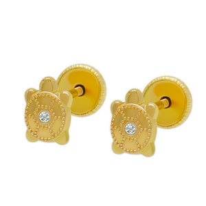 Gold Mini Turtle Stud Earrings with CZ Stone - 14 Karat Solid Gold - Turtle Studs - Gold Earring