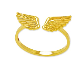 Gold Angel Wing Ring - Tarnish Free Gold Ring - 10 Karat Solid Gold - Angel Wings - Gold Ring