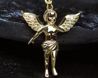 Dije de ángel bebé querubín dorado - Oro macizo de 10 quilates - Collar de ángel bebé - Cadena de oro opcional - Colgante de querubín dorado