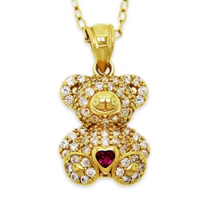 Gold Teddy Bear Pendant Necklace - Gold Plated on 925 Sterling Silver - Cubic Zirconia- Bear Necklace Jewelry - Adjustable Necklace Included