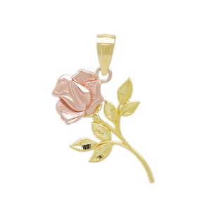 Gold Long Stem Rose Charm -Rose Pendant Necklace -  10 Karat Solid Gold Pendant - Yellow and Rose Gold with Optional Gold Chain